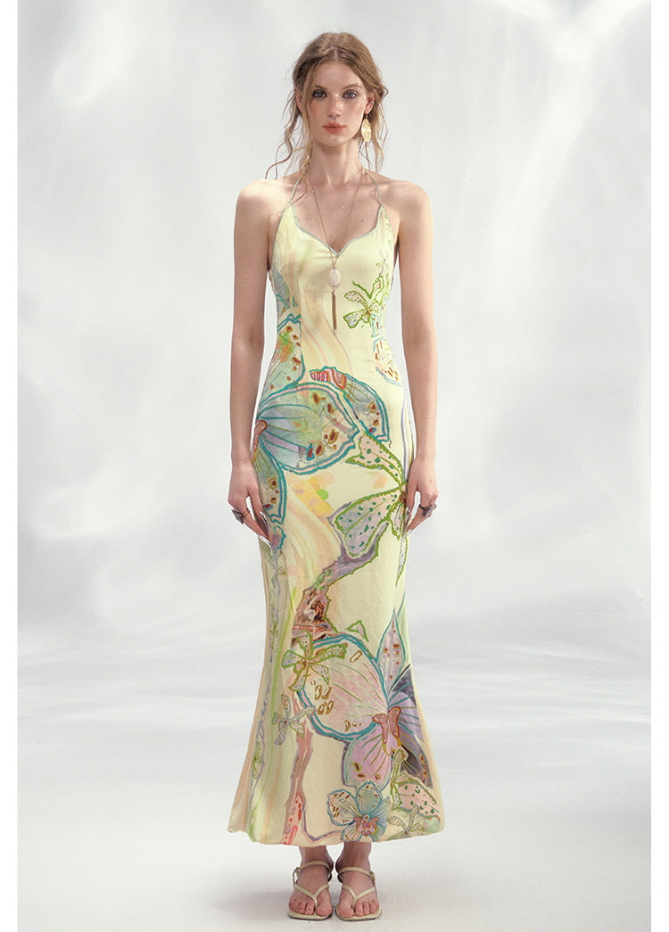 Robe longue fleurie à encolure pétale - Jaune