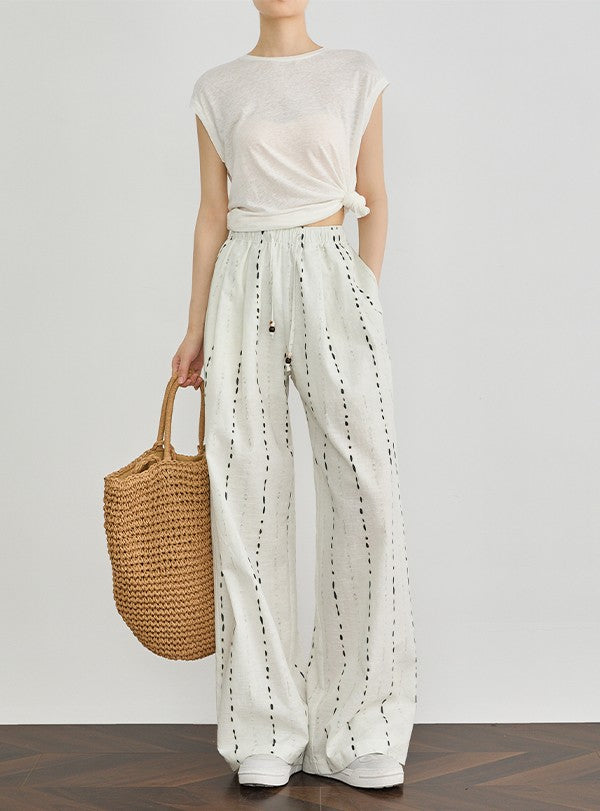 Pantalon large à rayures en lin coton