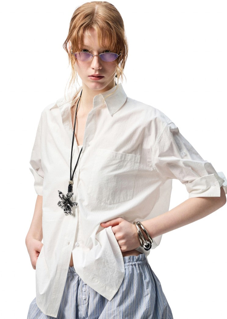 Chemise Oversize Coton Peigné Rayée - Blanc