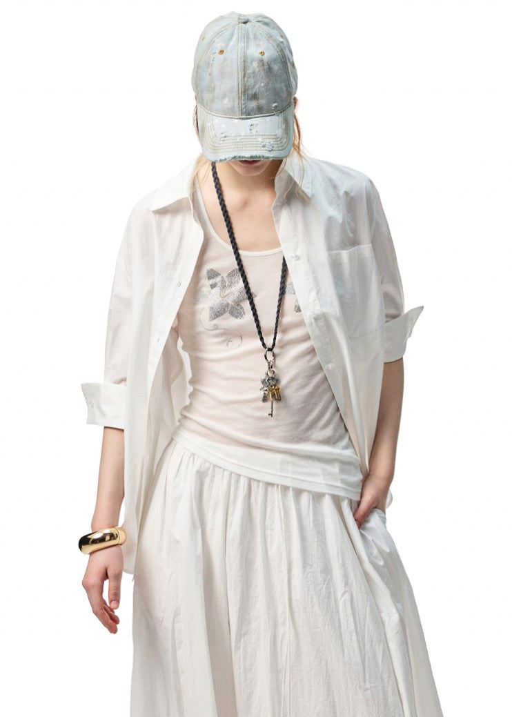 Chemise Oversize Coton Peigné Rayée - Blanc
