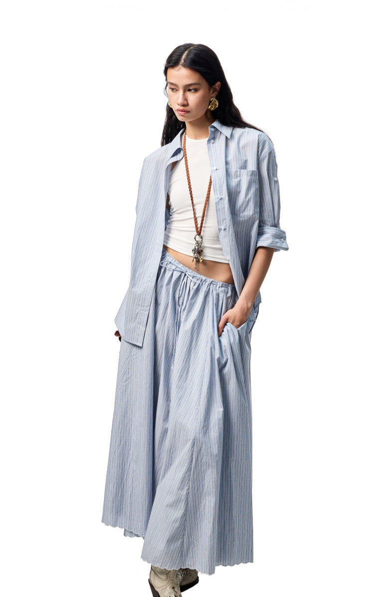 Chemise Oversize Coton Peigné Rayée - Bleu ciel