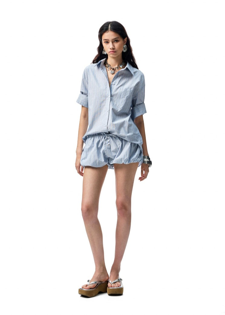 Chemise Oversize Coton Peigné Rayée - Bleu ciel