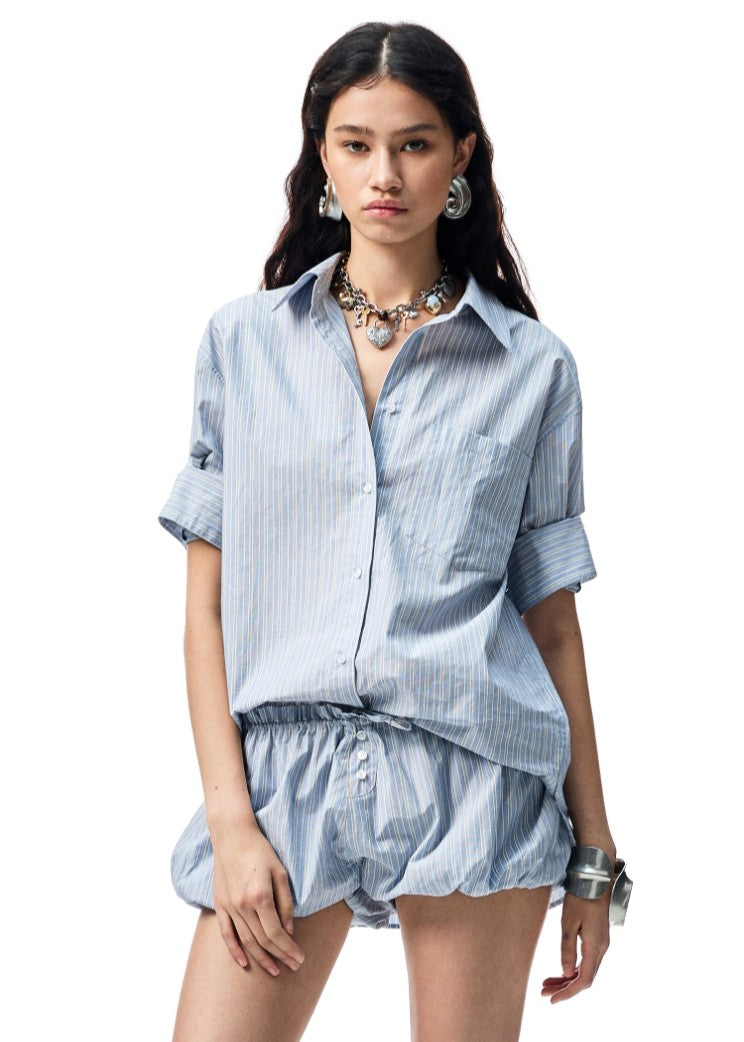 Chemise Oversize Coton Peigné Rayée - Bleu ciel