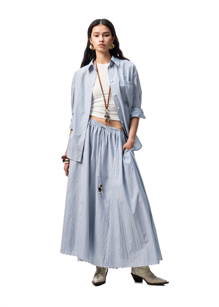 Chemise Oversize Coton Peigné Rayée - Bleu ciel