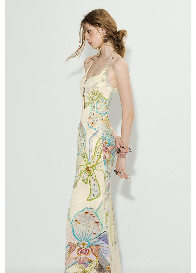 Robe longue fleurie à encolure pétale - Jaune