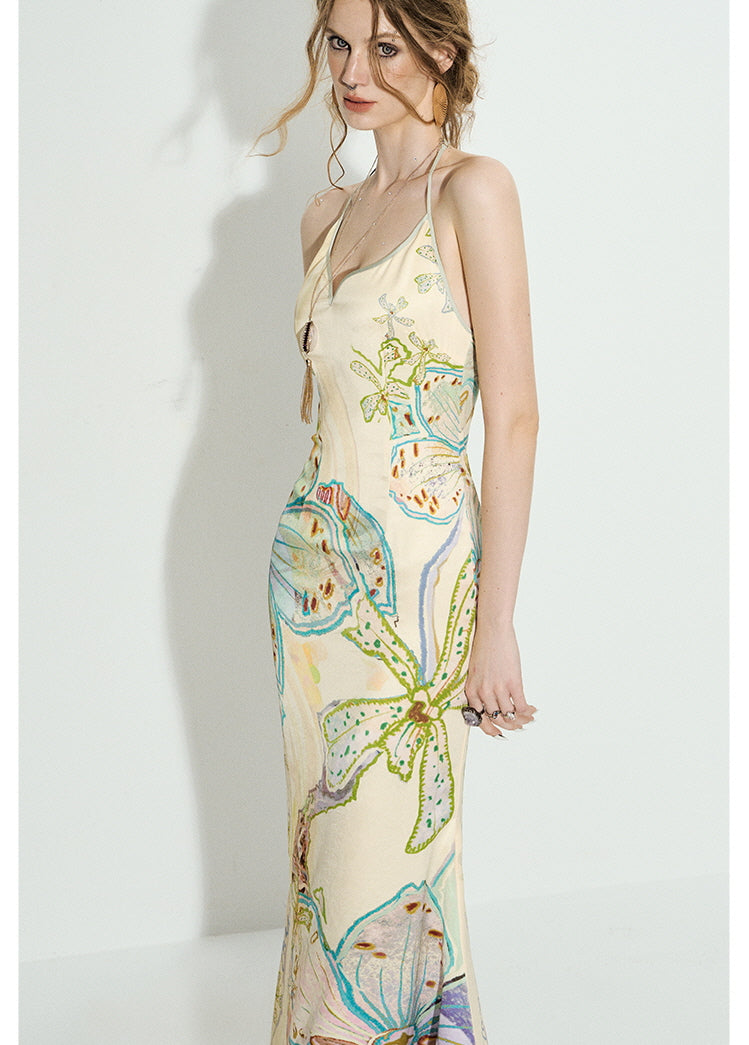 Robe longue fleurie à encolure pétale - Jaune