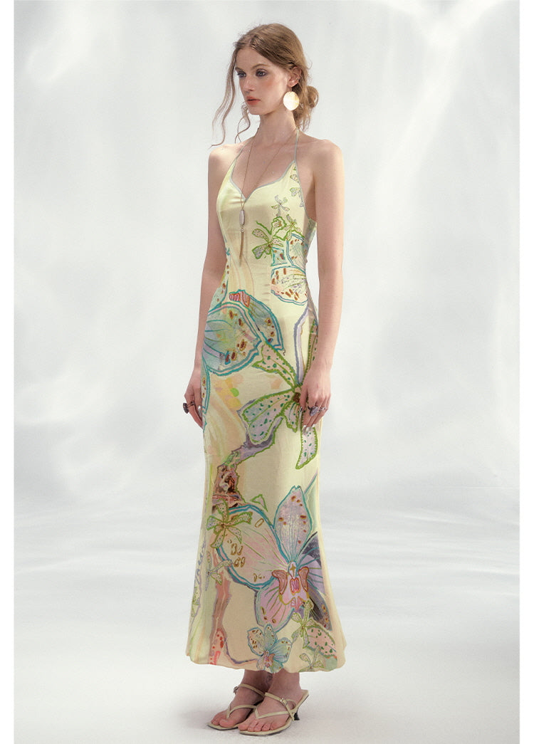 Robe longue fleurie à encolure pétale - Jaune