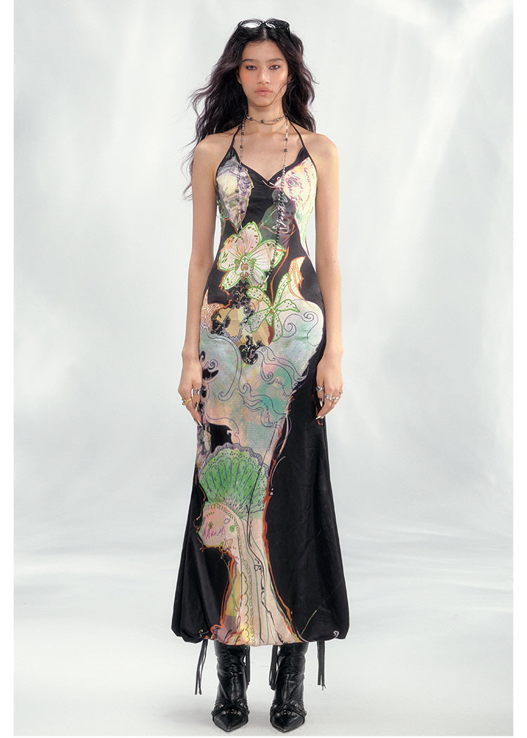 Robe longue fleurie à encolure pétale