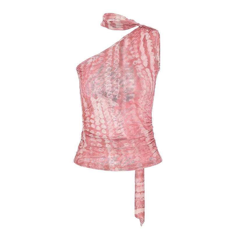 Haut asymétrique en tulle corail