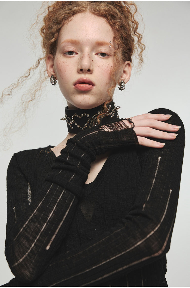 Top en maille ajourée à col V - Noir