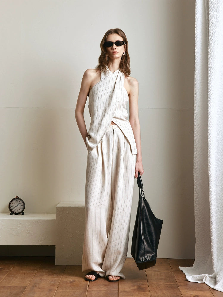 Pantalon Rayé Ample en Lin Mélangé