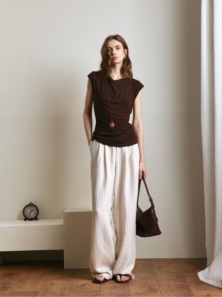 Pantalon Rayé Ample en Lin Mélangé front