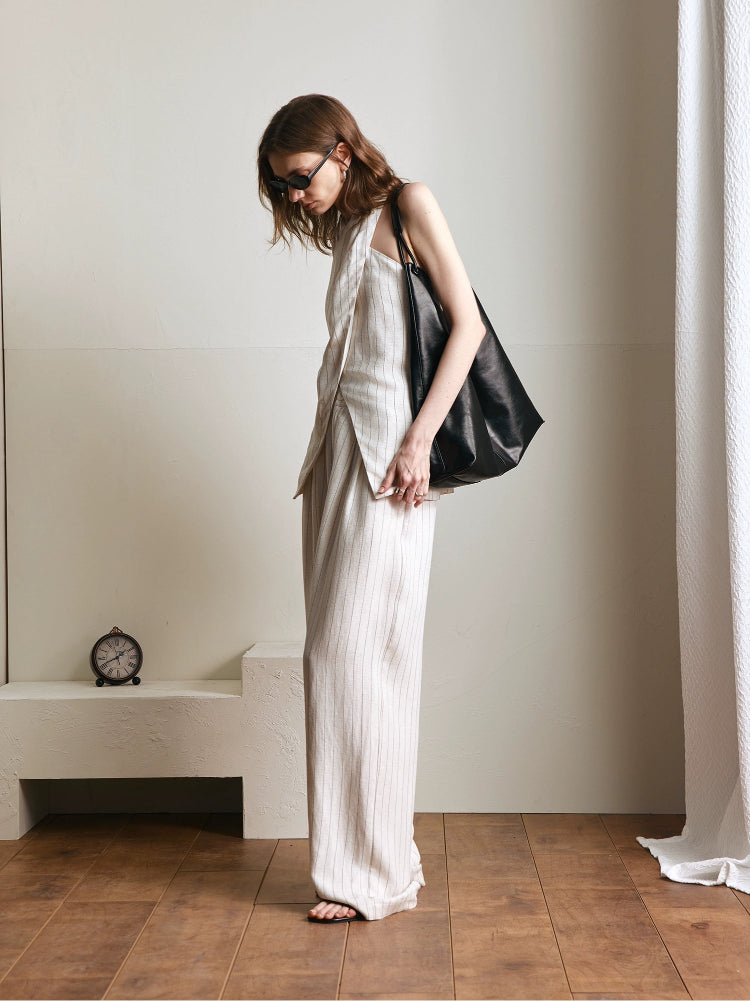 Pantalon Rayé Ample en Lin Mélangé profil