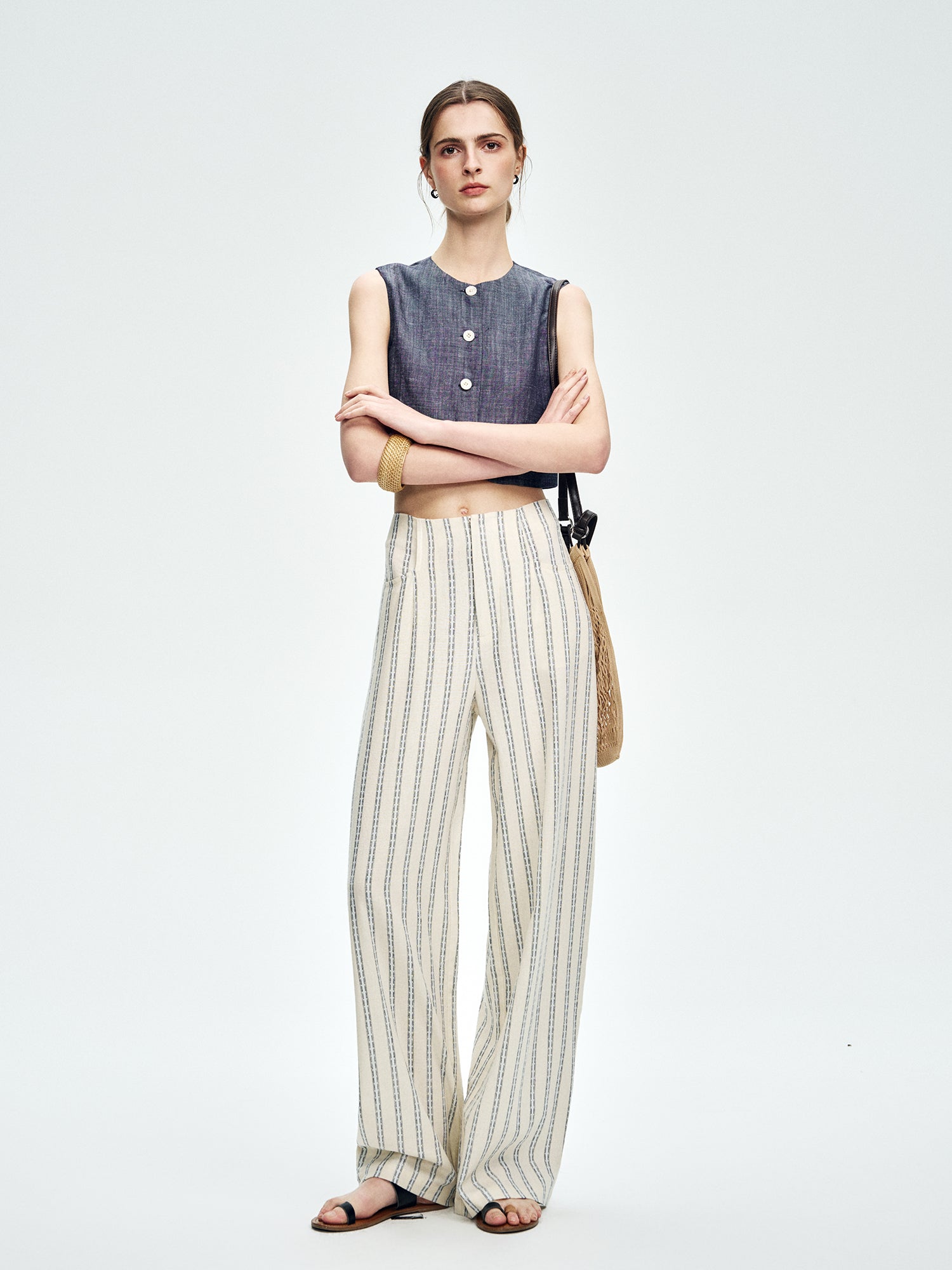 Pantalon large lin rayé taille haute