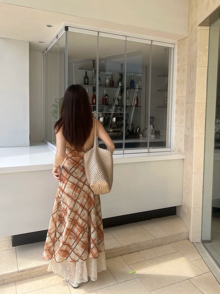 Robe Longue à Motif et Dentelle