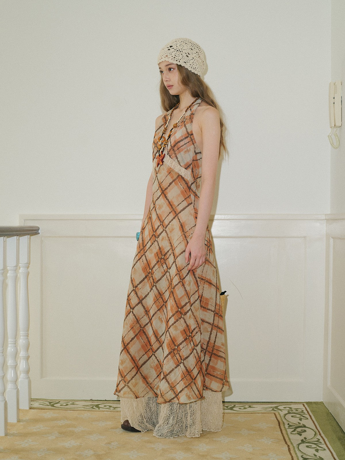 Robe Longue à Motif et Dentelle
