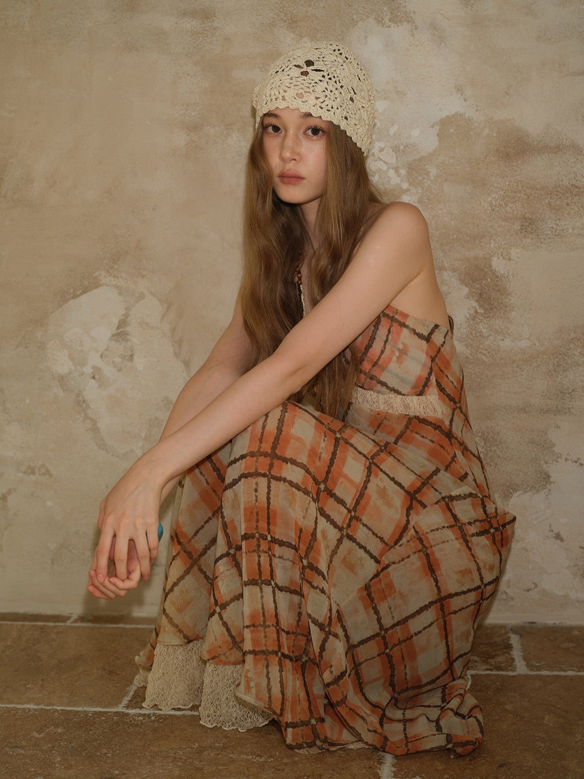 Robe Longue à Motif et Dentelle