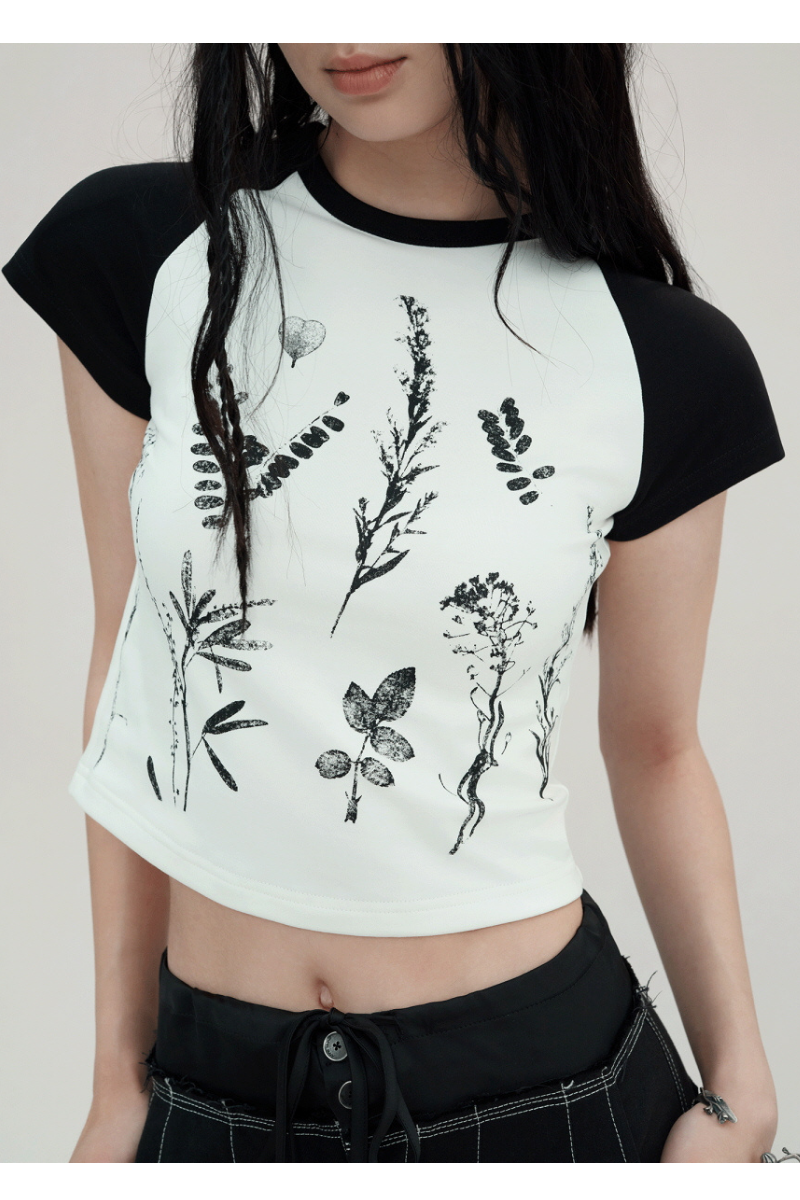 T-shirt à manches raglan avec imprimé floral végétal